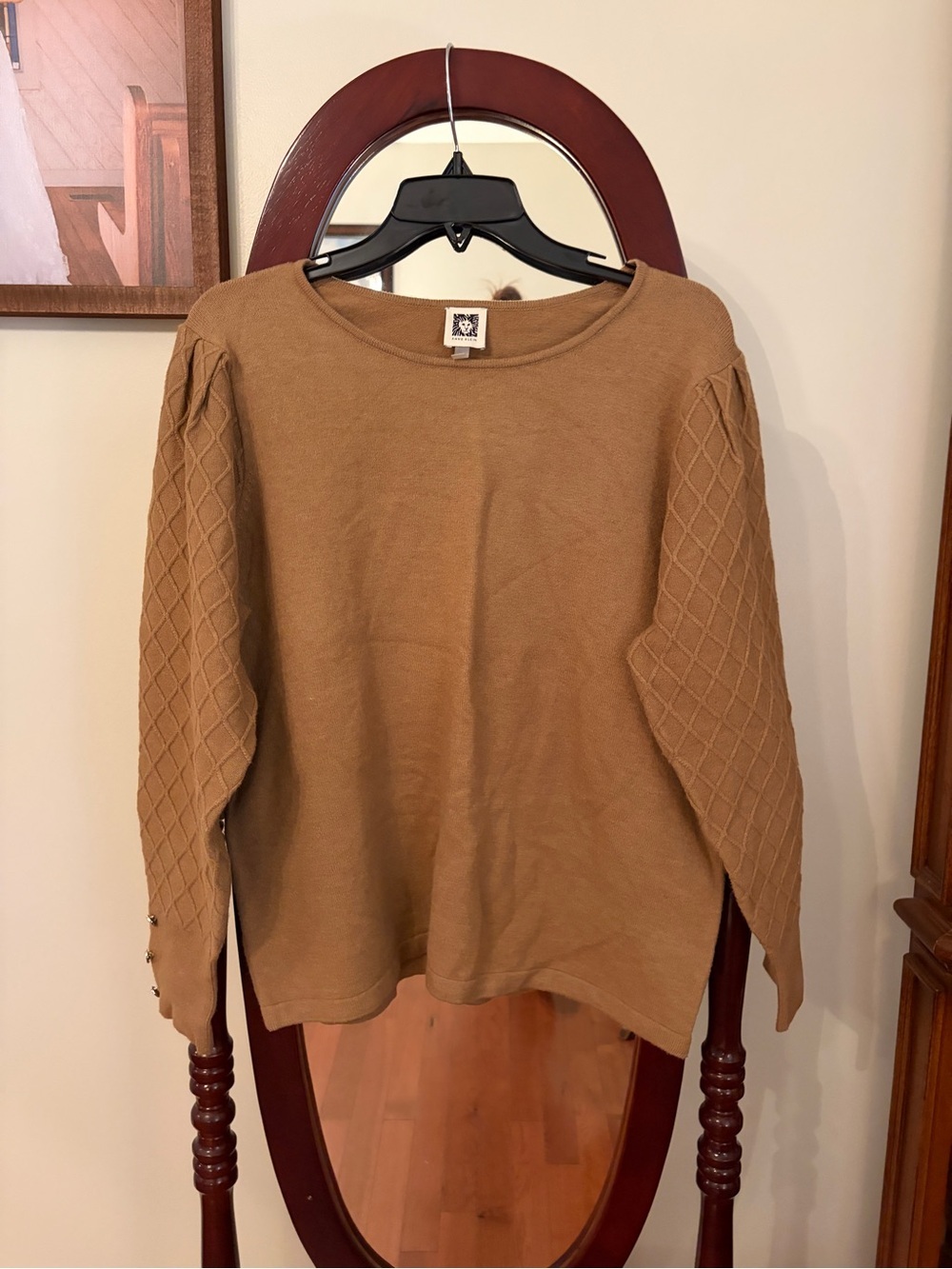 Anne Klein Quilted-Sleeve Pullover in Camel